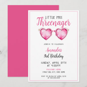 Invitation Aquarelle Coeur rose Lunettes de soleil 3e anniver