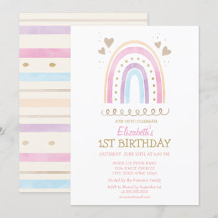Invitation Aquarelle Coeurs arc-en-ciel rayés Anniversaire