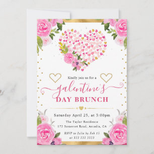 Invitation Aquarelle Cœurs et Fleurs Roses & Or Galentine'