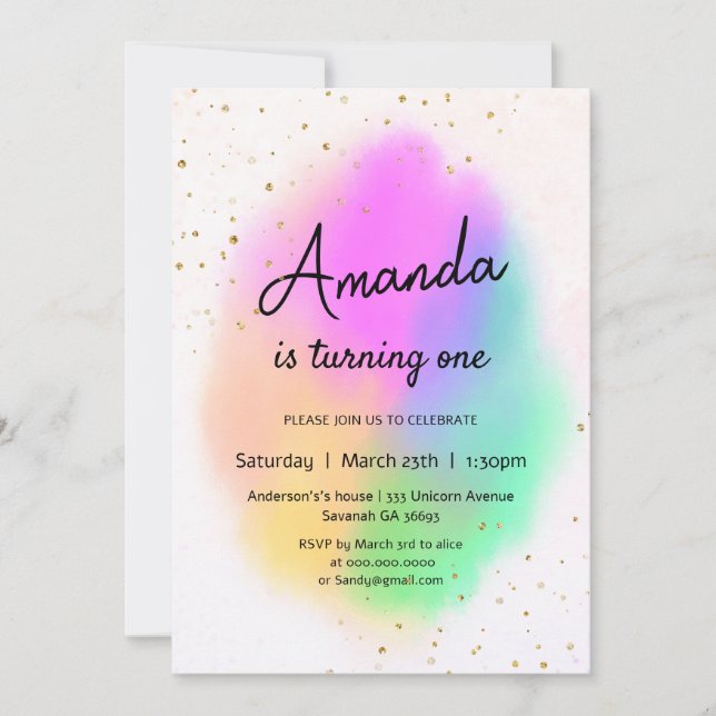 Invitation Aquarelle colorée Anniversaire arc-en-ciel (Devant)