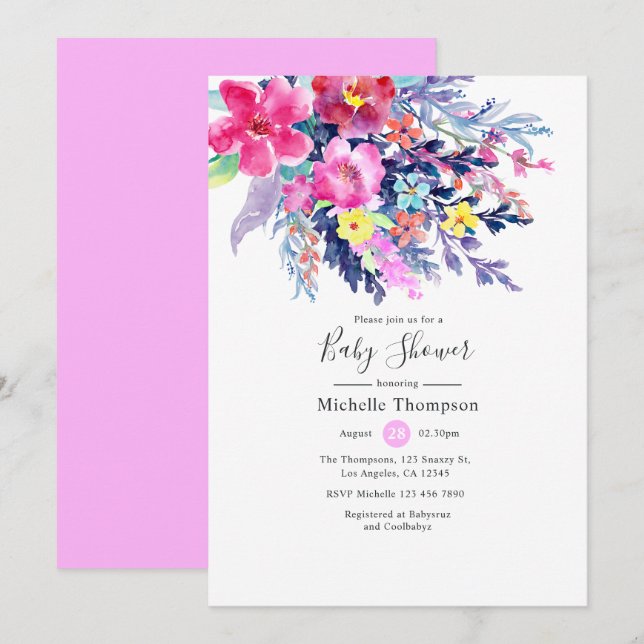 Invitation Aquarelle colorée Baby shower floral (Devant / Derrière)