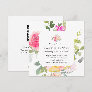 Invitation Aquarelle colorée Baby shower floral QR Code