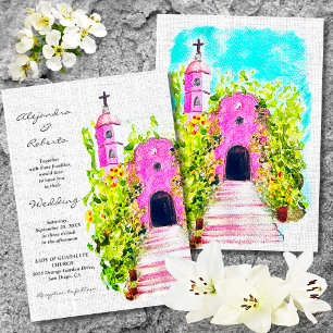 Invitation Aquarelle colorée Chapelle rose Mariage mexicain