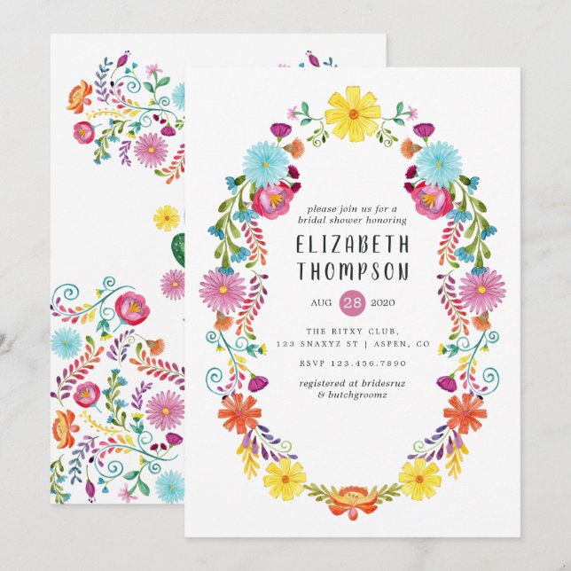Invitation Aquarelle colorée Fiesta Fête des mariées florale (Devant / Derrière)
