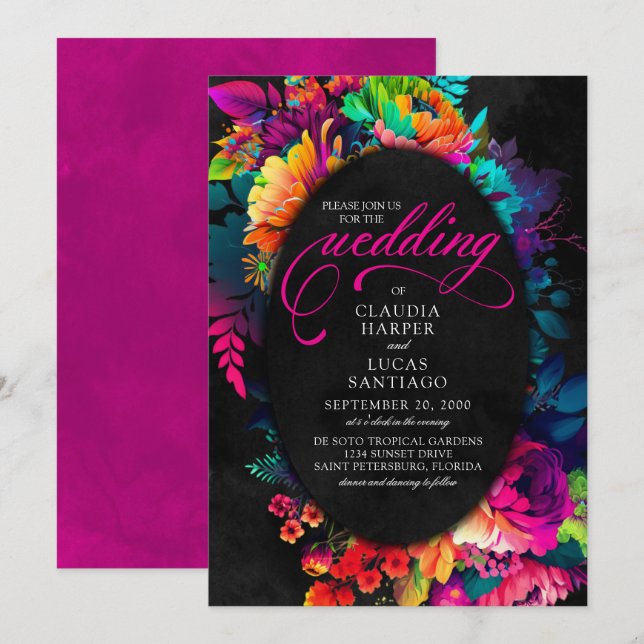 Invitation Aquarelle colorée Fiesta Mariage floral (Devant / Derrière)