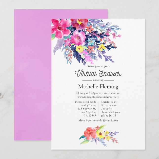 Invitation Aquarelle colorée Floral Baby shower virtuel (Devant / Derrière)