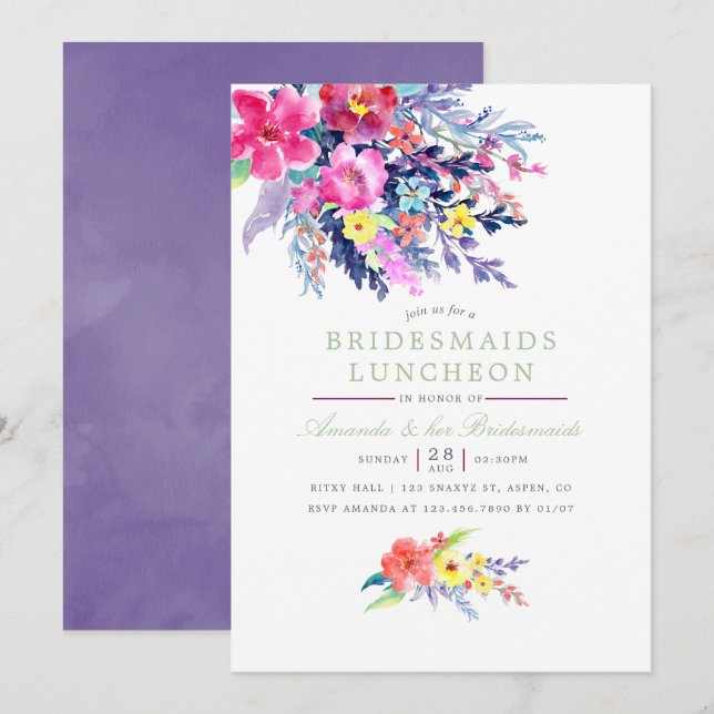 Invitation Aquarelle colorée Floral Bridesmaids Déjeuner (Devant / Derrière)