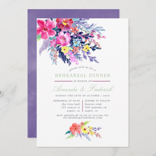 Invitation Aquarelle colorée Floral Rehearsal Dîner invitatio (Devant / Derrière)