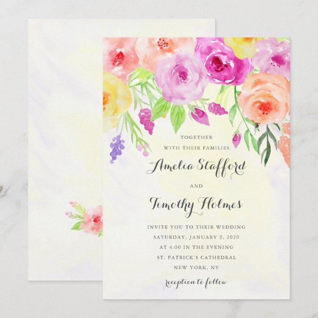 Invitation Aquarelle colorée Mariage floral (Devant / Derrière)