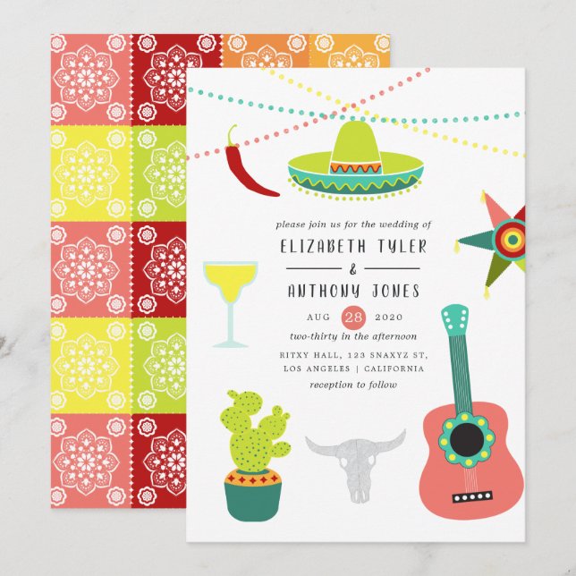 Invitation Aquarelle colorée mexicaine Fiesta Mariage (Devant / Derrière)