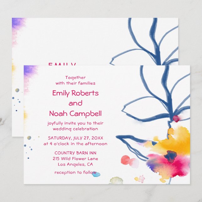 Invitation Aquarelle colorée moderne Mariage floral (Devant / Derrière)