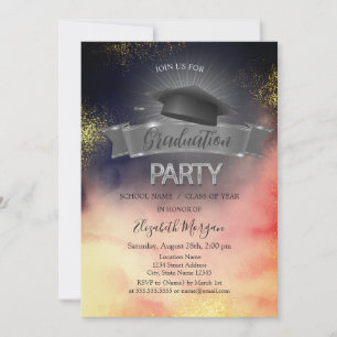 Invitation Aquarelle colorée noire Casquette Grad