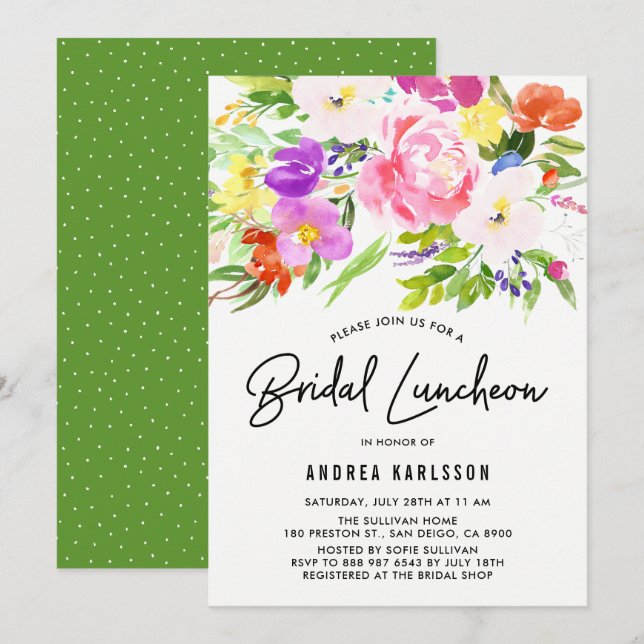 Invitation Aquarelle colorée Printemps fleurit Déjeuner nupti (Devant / Derrière)
