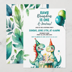 Invitation Aquarelle Colorée Trex Dinosaur 1er anniversaire