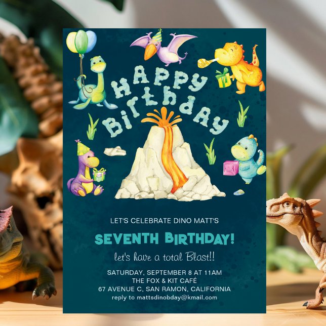 Invitation Aquarelle Colorée Volcano Dinosaures Anniversaire (Créateur téléchargé)
