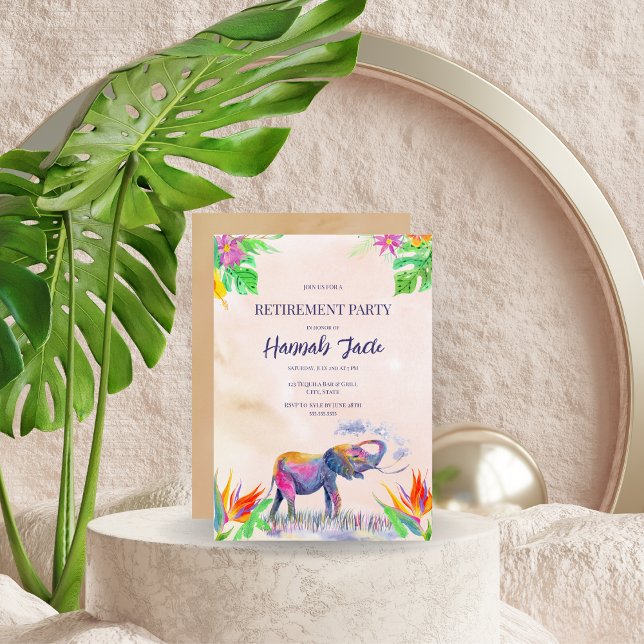 Invitation Aquarelle Colorful Elephant Retraite Party (Créateur téléchargé)