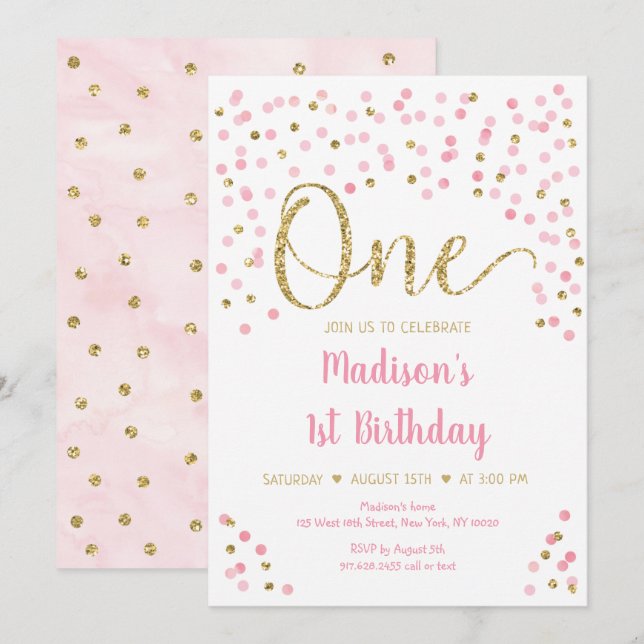 Invitation Aquarelle Confetti Gold rose Premier anniversaire (Devant / Derrière)