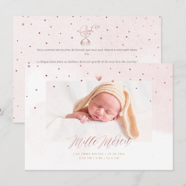 Invitation Aquarelle Confettis Remerciement Naissance Fille (Devant / Derrière)