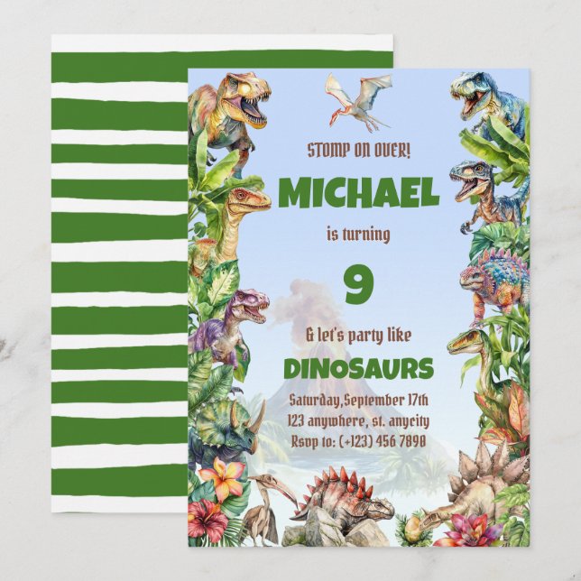Invitation Aquarelle Cool Dinosaure réaliste Anniversaire (Devant / Derrière)