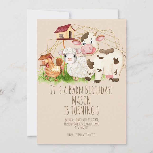 Invitation Aquarelle Coq Grange Animaux Ferme Anniversaire (Devant)