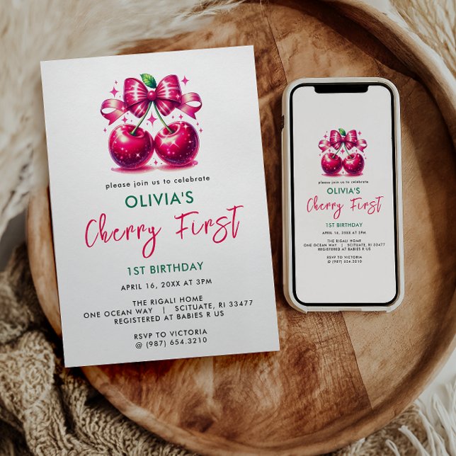Invitation Aquarelle Coquette Cerise 1er Anniversaire (Créateur téléchargé)