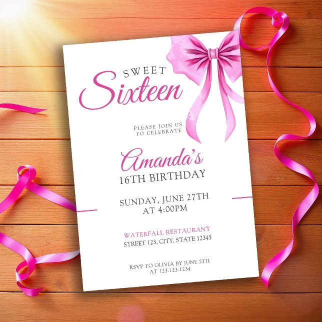 Invitation Aquarelle Coquette Rose Bow Sweet 16 Anniversaire (Créateur téléchargé)