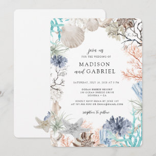 Invitation Aquarelle Coquillage Corail Étoile de Mer Mariage