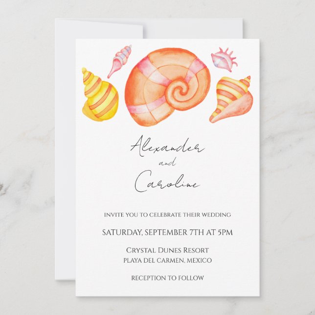 Invitation Aquarelle coquillage destination mariage invitatio (Devant)