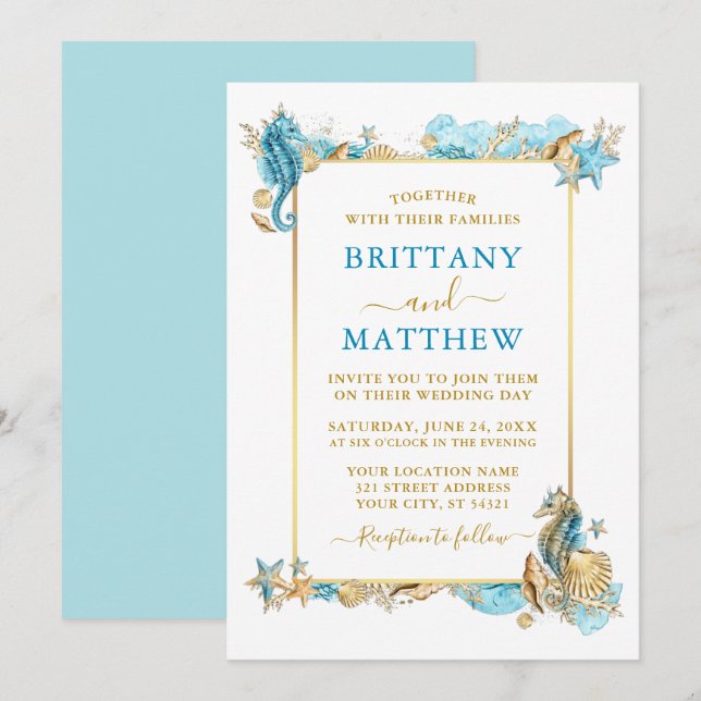 Invitation Aquarelle Coquillages Corail Mariage Côtier Bleu (Devant / Derrière)