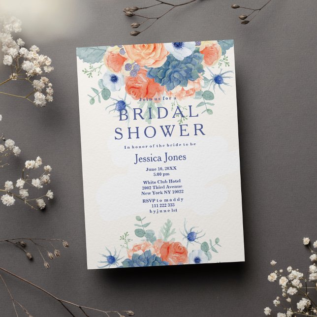 Invitation Aquarelle corail bleu rustique Fête des mariées fl (Zazzle Watercolor coral blue rustic floral Bridal Shower Invitation )