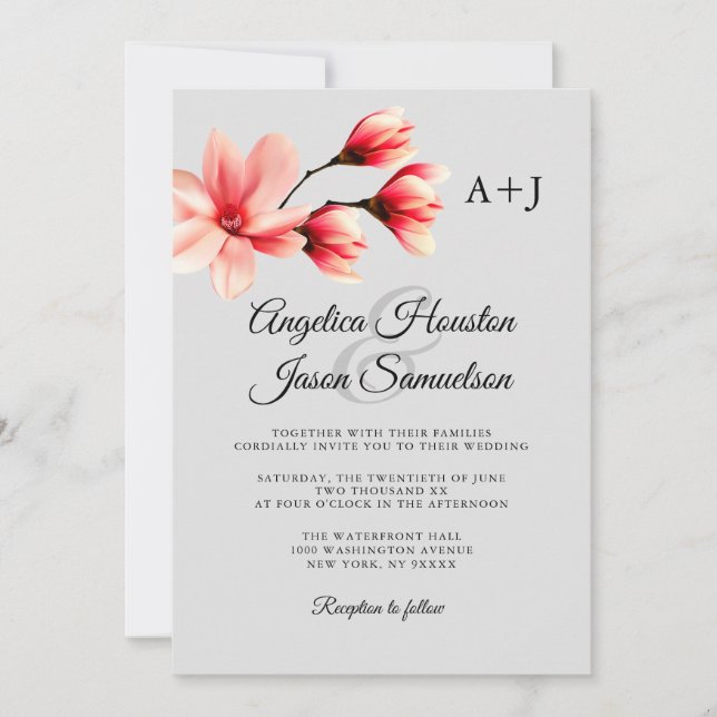 Invitation Aquarelle Corail Floral Pêche Gris Gris Mariage (Devant)