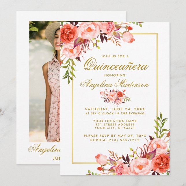 Invitation Aquarelle Corail Floral Quinceanera Gold Photo (Devant / Derrière)