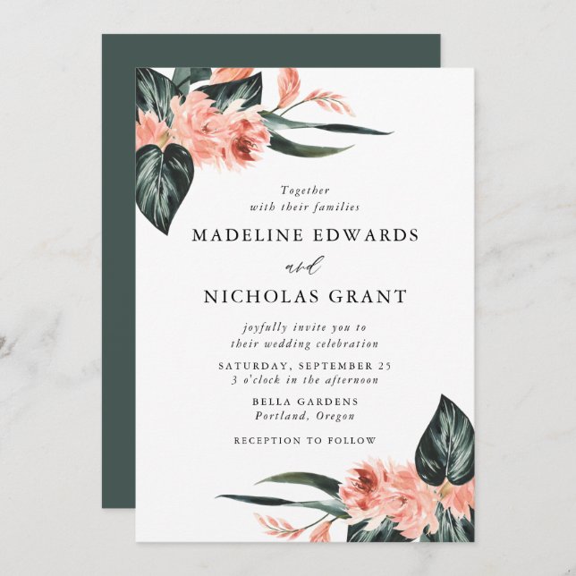 Invitation Aquarelle Corail tropical Bouquet Mariage (Devant / Derrière)
