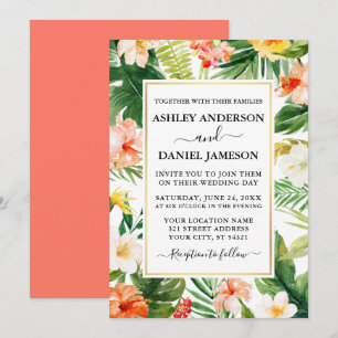 Invitation Aquarelle Corail tropical Mariage or floral