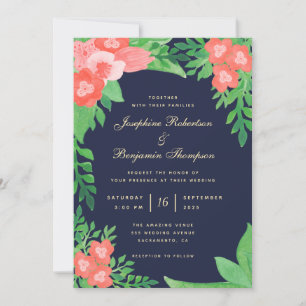 Invitation Aquarelle Coral et Vert Floral Marine Mariage bleu