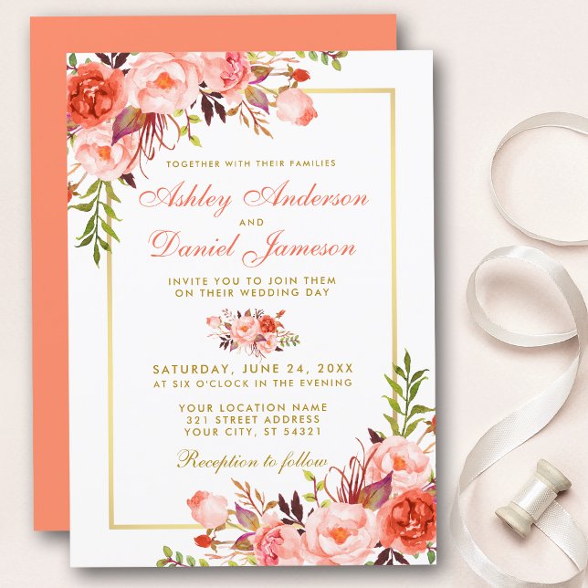 Invitation Aquarelle Coral Floral Gold Mariage (Customize to change text size, color, style or color of back of card.)