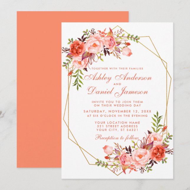 Invitation Aquarelle Coral Floral Mariage géométrique (Devant / Derrière)