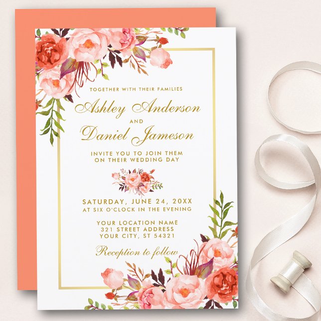 Invitation Aquarelle Coral Floral Mariage Gold Script (Customize to change text size, color, style or color of back of card.)
