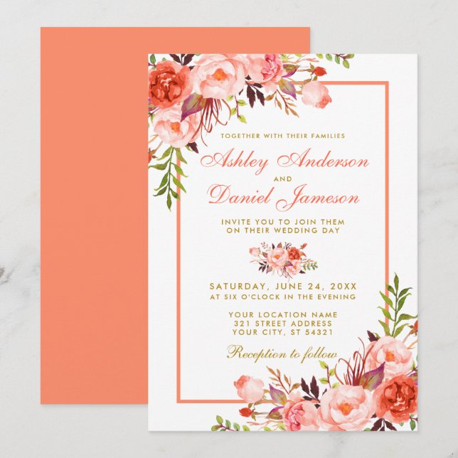 Invitation Aquarelle Coral Floral Mariage or (Devant / Derrière)