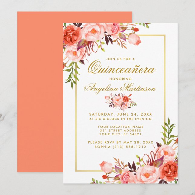 Invitation Aquarelle Coral Floral Quinceanera Gold Frame (Devant / Derrière)