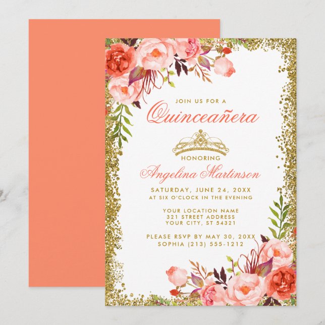 Invitation Aquarelle Coral Floral Quinceanera Gold Parties sc (Devant / Derrière)