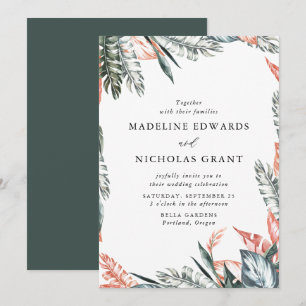 Invitation Aquarelle Coral & Vert Feuille Tropical Mariage