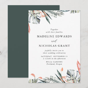 Invitation Aquarelle Coral & Vert Feuille Tropical Mariage
