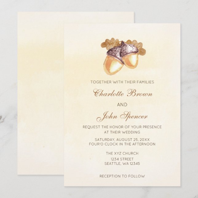 Invitation aquarelle cors chêne feuille mariage de automne (Devant / Derrière)