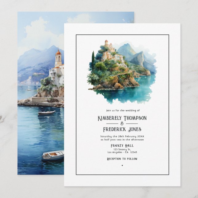 Invitation Aquarelle Côte Amalfi Italie Destination Mariage (Devant / Derrière)