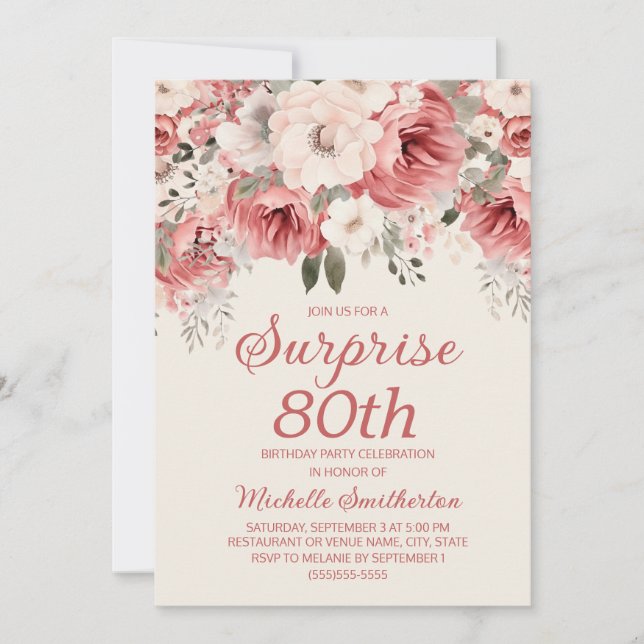 Invitation Aquarelle couleur crème rouge rose Floral Surprise (Devant)