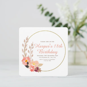 Invitation Aquarelle couleur or rose floral minimaliste Anniv