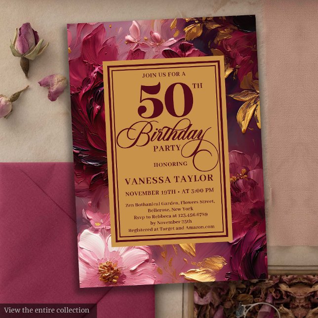 Invitation Aquarelle couleur rouge foncé or floral anniversai (Watercolor deep red blush gold floral birthday invite

)