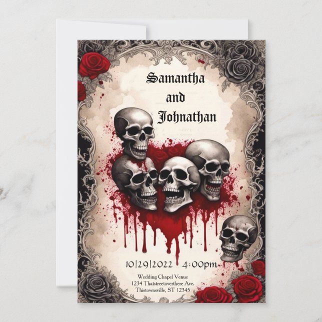 Invitation Aquarelle Crâne et sang Coeur Goth Mariage (Devant)