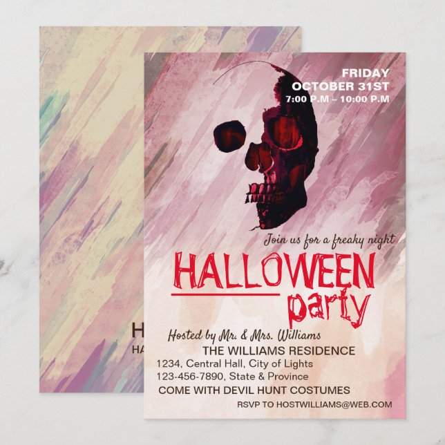 Invitation Aquarelle Crâne rouge peint Halloween Art (Devant / Derrière)